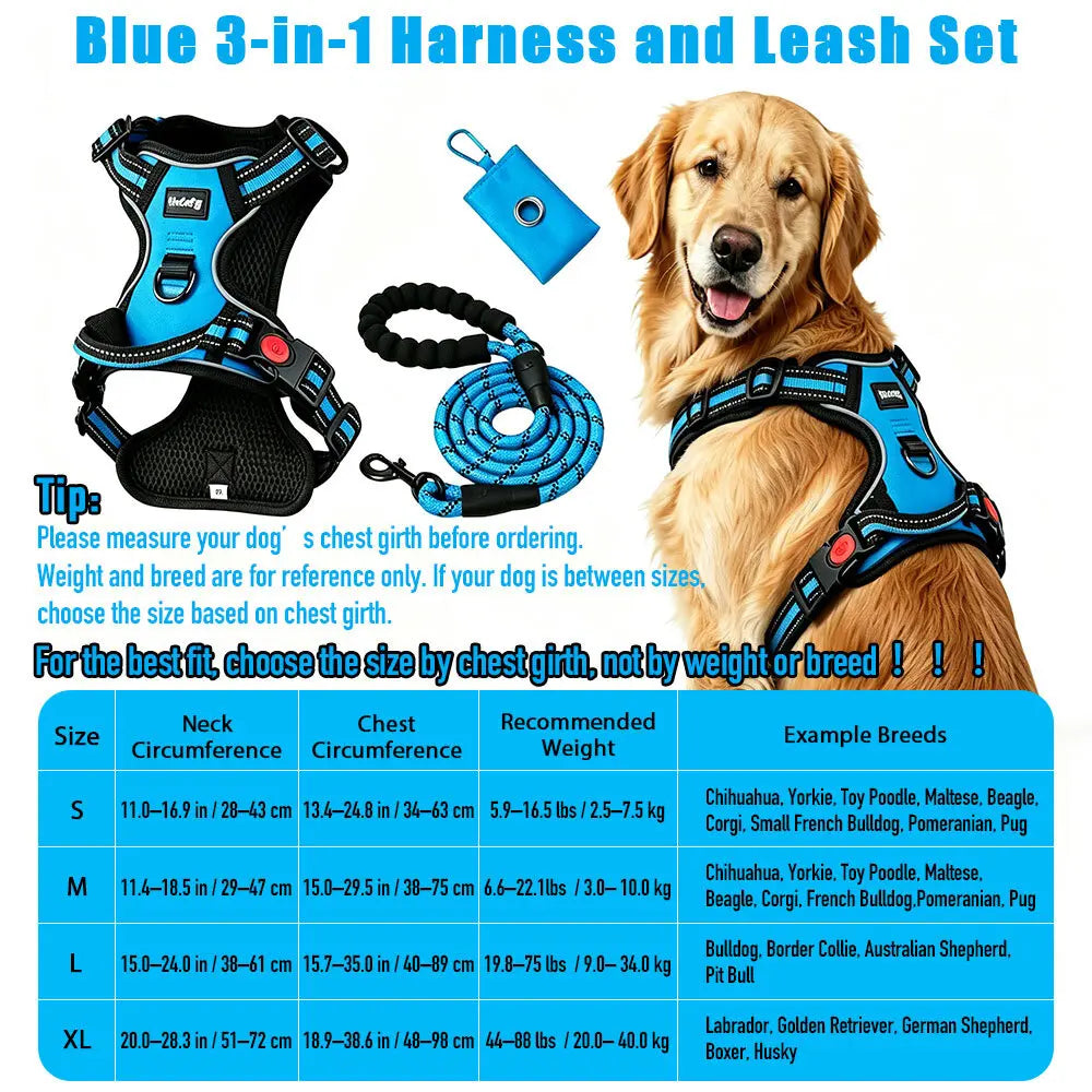 HELETY Purple 3-In-1 No-Pull Dog Vest Harness & Leash Set, Adjustable S-XL Sizes, Dual Front & Back D-Ring Clips, 360° 3M Reflective, Padded Chest, Oxford Fabric, Night Safety, Built-In Poop Bag Holder, Tangle-Free Cooling Step-Design Strap Running Bungee