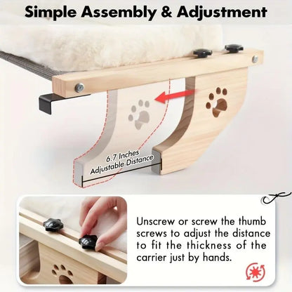 Petwhole Cat Window Sill Perch-Natural Wood & Metal Frame for Large Cats and Kittens, Adjustable Foldable Cat Window Bed with Large Load Capacity,Sturdy and Durable,Universal Fit for All Windowsills & Bedside,Easy to Adjust,Cat Sunbathing Rest Essential