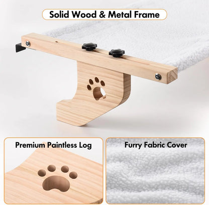Petwhole Cat Window Sill Perch-Natural Wood & Metal Frame for Large Cats and Kittens, Adjustable Foldable Cat Window Bed with Large Load Capacity,Sturdy and Durable,Universal Fit for All Windowsills & Bedside,Easy to Adjust,Cat Sunbathing Rest Essential