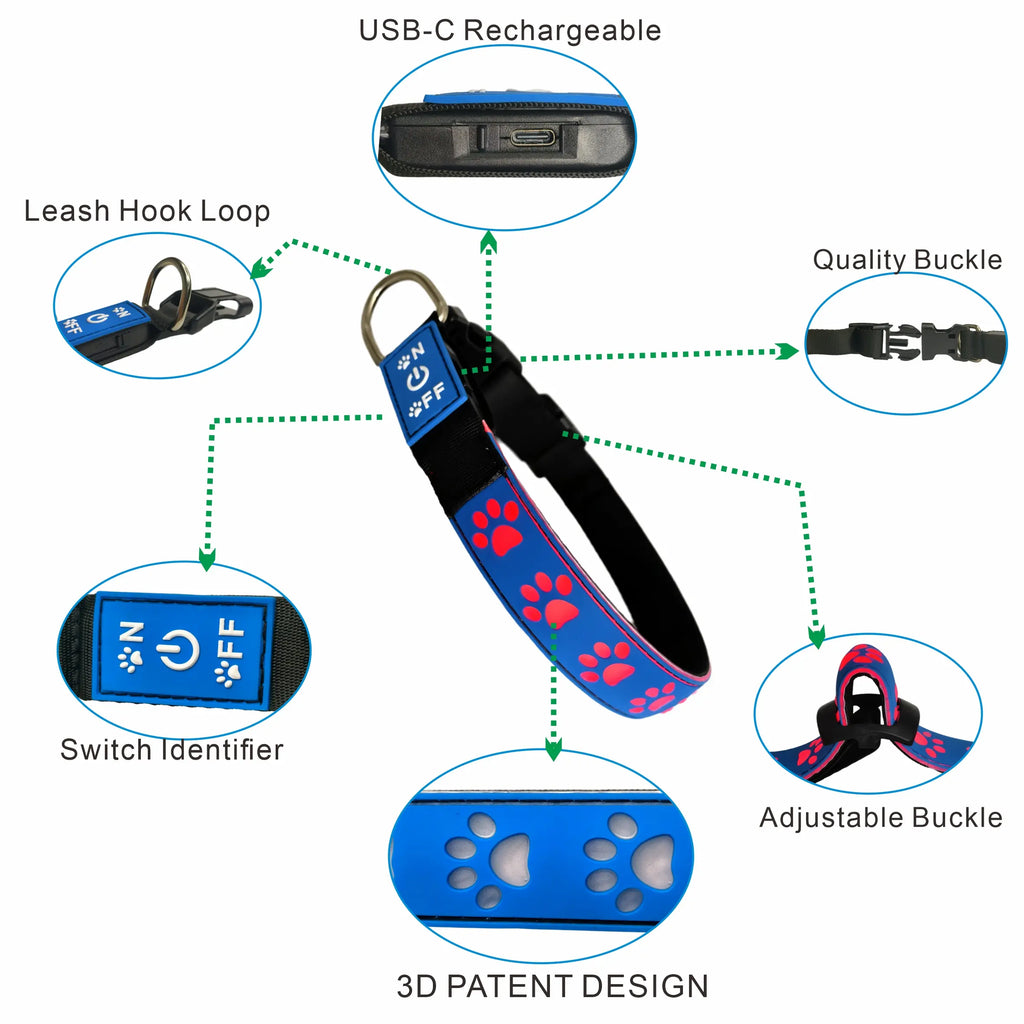 LED Illuminated Dog Collar with USB-C Rechargeable Multicolor Paw Print Design for Enhanced Night Safety and Style