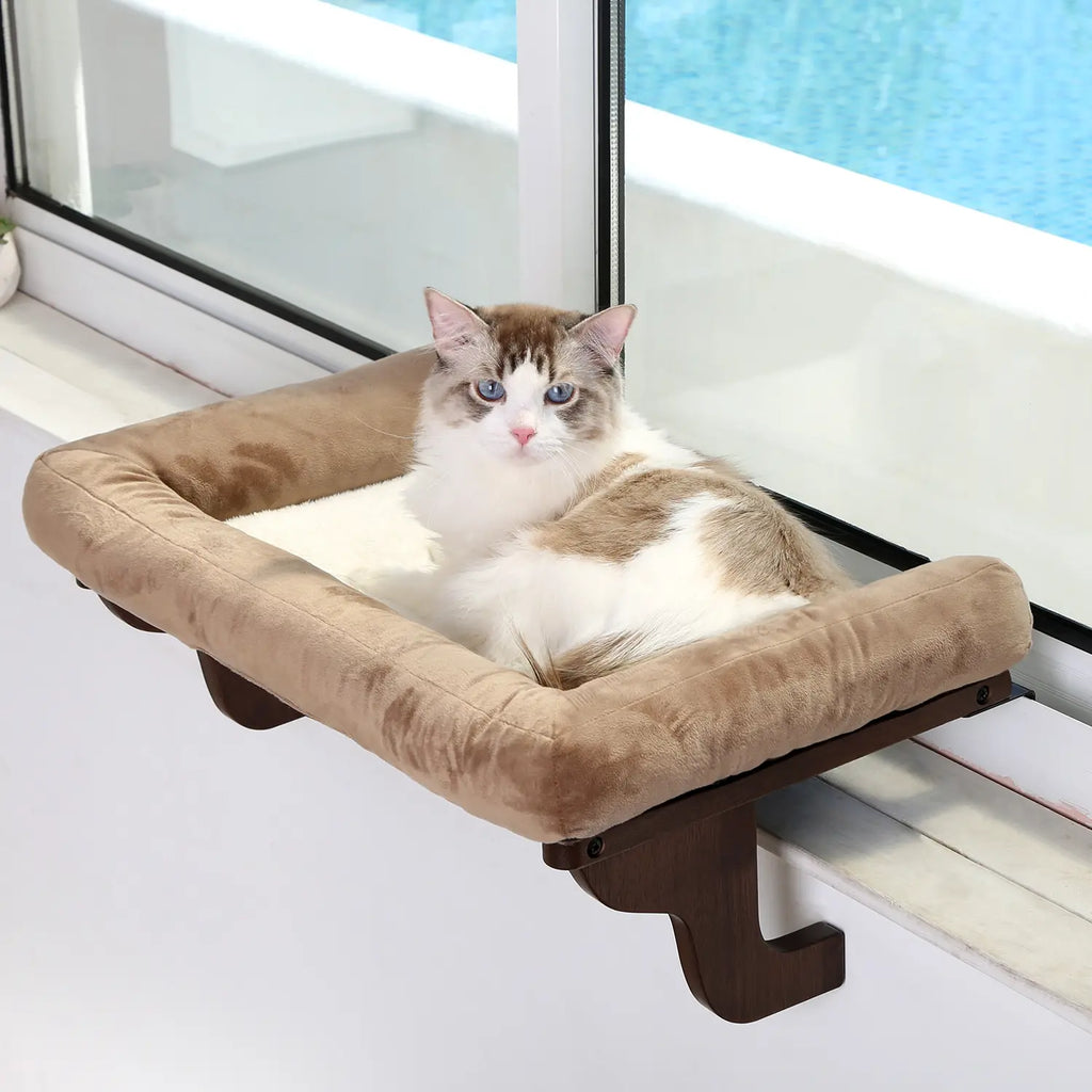 Zakkart Cat Perch for Window Sill with Bolster - Orthopedic Hammock Design with Premium Hardwood & Robust Metal Frame - Cat Window Seat for Large Cats and Kittens