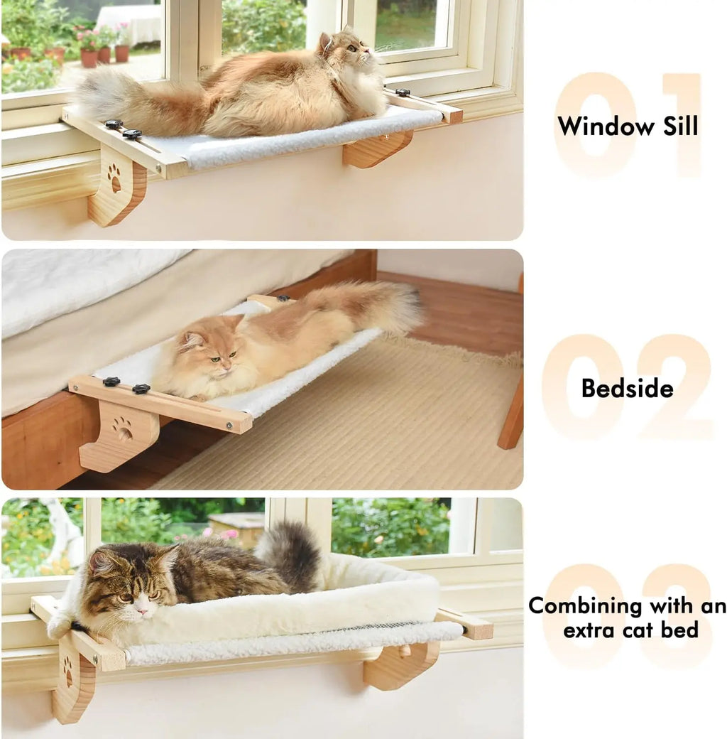 Petwhole Cat Window Sill Perch-Natural Wood & Metal Frame for Large Cats and Kittens, Adjustable Foldable Cat Window Bed with Large Load Capacity,Sturdy and Durable,Universal Fit for All Windowsills & Bedside,Easy to Adjust,Cat Sunbathing Rest Essential