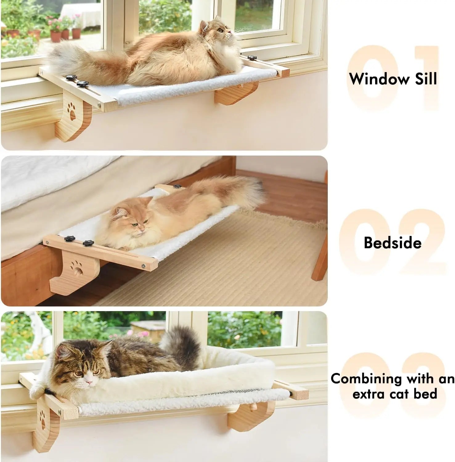 Petwhole Cat Window Sill Perch-Natural Wood & Metal Frame for Large Cats and Kittens, Adjustable Foldable Cat Window Bed with Large Load Capacity,Sturdy and Durable,Universal Fit for All Windowsills & Bedside,Easy to Adjust,Cat Sunbathing Rest Essential