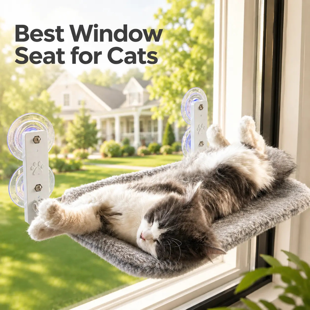 Cat sleeping in a metal-frame window hammock attached with suction cups
