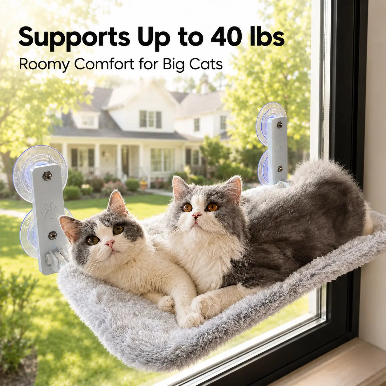 Cat window hammock mounted on glass showing the strong suction cups