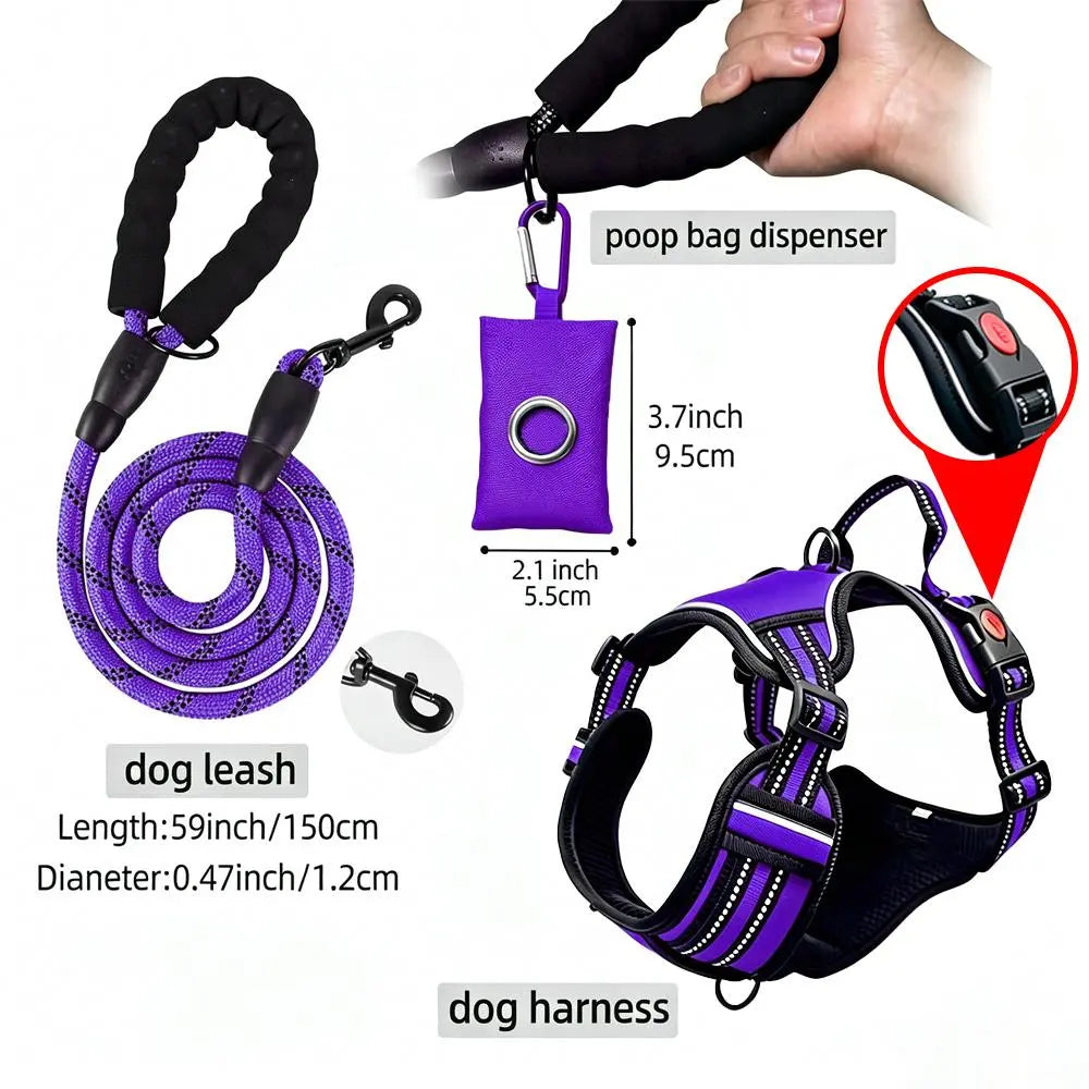 HELETY Purple 3-In-1 No-Pull Dog Vest Harness & Leash Set, Adjustable S-XL Sizes, Dual Front & Back D-Ring Clips, 360° 3M Reflective, Padded Chest, Oxford Fabric, Night Safety, Built-In Poop Bag Holder, Tangle-Free Cooling Step-Design Strap Running Bungee