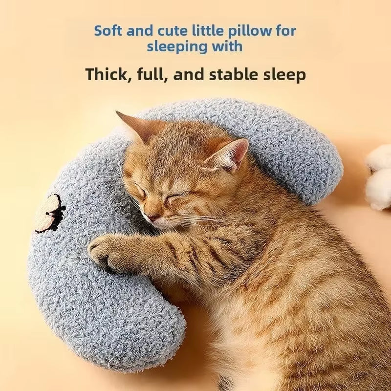 U-shaped cat and dog pillow shown from the side with thick filling