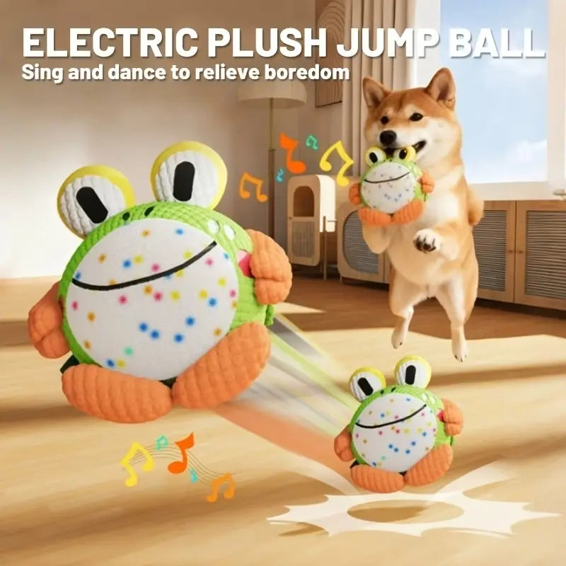 Dog chasing the self-moving toy ball indoors