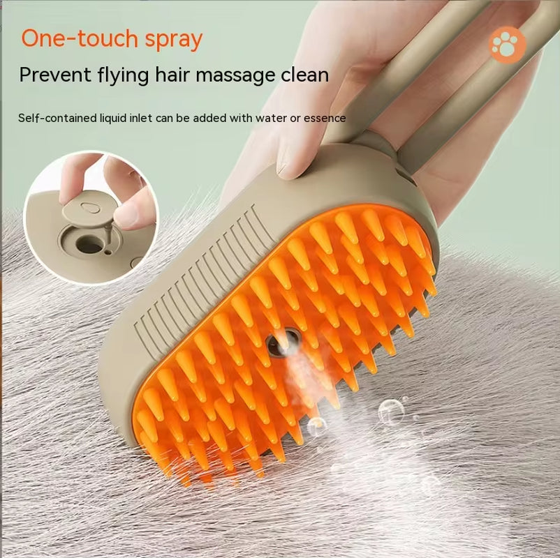 Spray grooming brush misting water while brushing pet fur