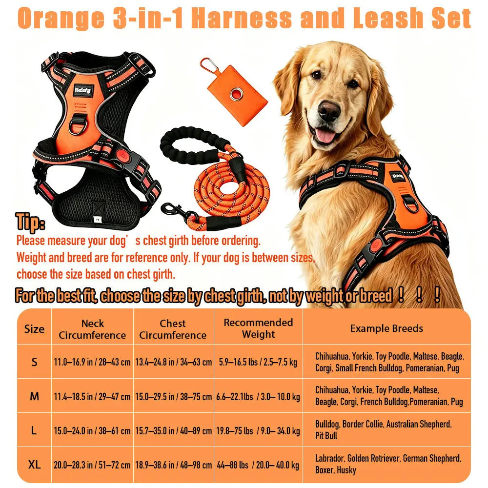 HELETY Purple 3-In-1 No-Pull Dog Vest Harness & Leash Set, Adjustable S-XL Sizes, Dual Front & Back D-Ring Clips, 360° 3M Reflective, Padded Chest, Oxford Fabric, Night Safety, Built-In Poop Bag Holder, Tangle-Free Cooling Step-Design Strap Running Bungee