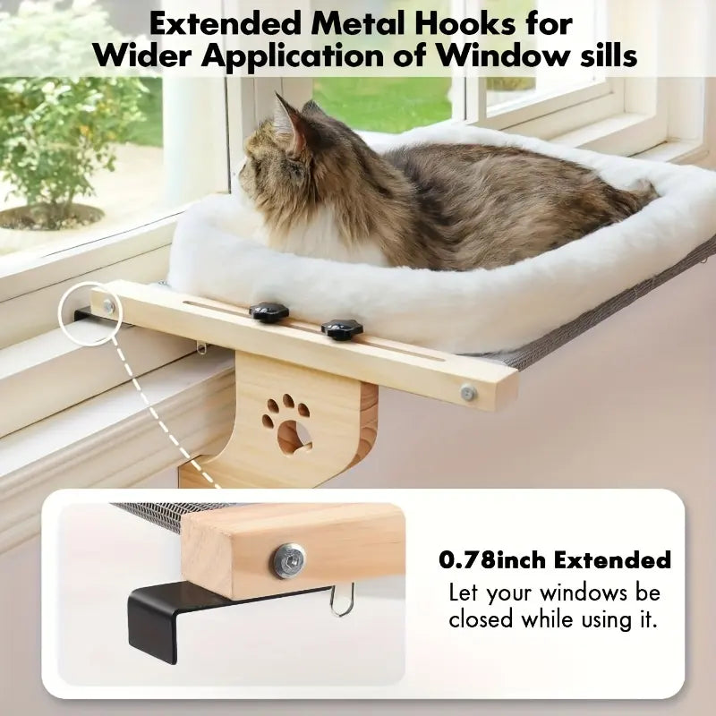 Petwhole Cat Window Sill Perch-Natural Wood & Metal Frame for Large Cats and Kittens, Adjustable Foldable Cat Window Bed with Large Load Capacity,Sturdy and Durable,Universal Fit for All Windowsills & Bedside,Easy to Adjust,Cat Sunbathing Rest Essential