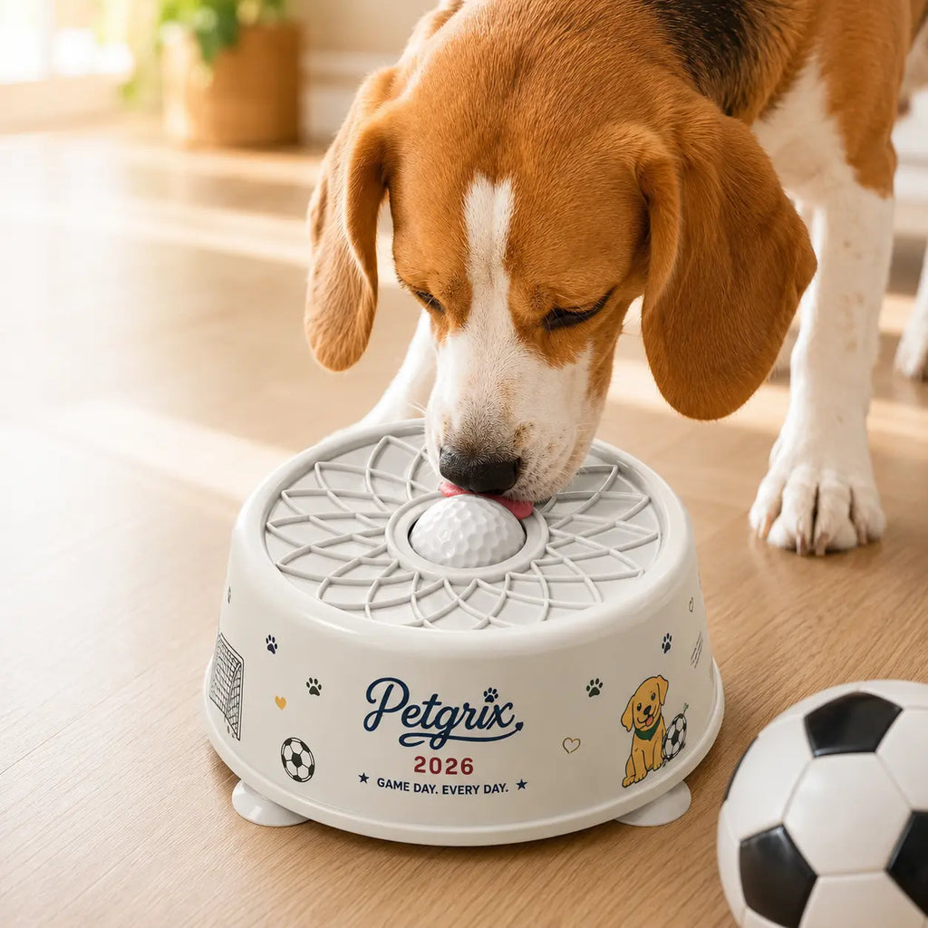 Slow feeder lick bowl filled with peanut butter for a dog