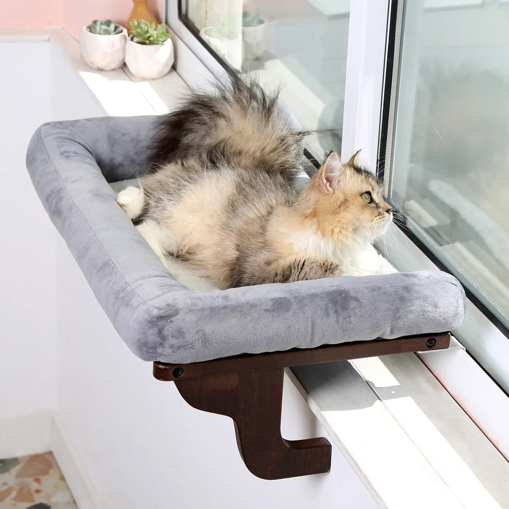 Zakkart Cat Perch for Window Sill with Bolster - Orthopedic Hammock Design with Premium Hardwood & Robust Metal Frame - Cat Window Seat for Large Cats and Kittens