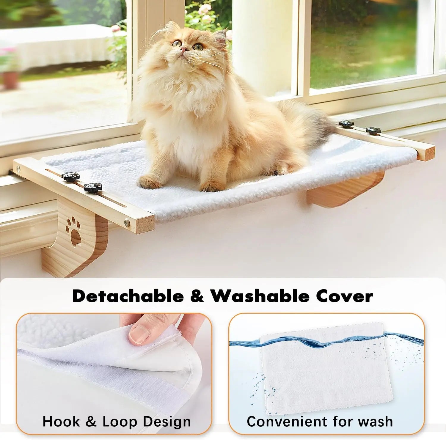Petwhole Cat Window Sill Perch-Natural Wood & Metal Frame for Large Cats and Kittens, Adjustable Foldable Cat Window Bed with Large Load Capacity,Sturdy and Durable,Universal Fit for All Windowsills & Bedside,Easy to Adjust,Cat Sunbathing Rest Essential
