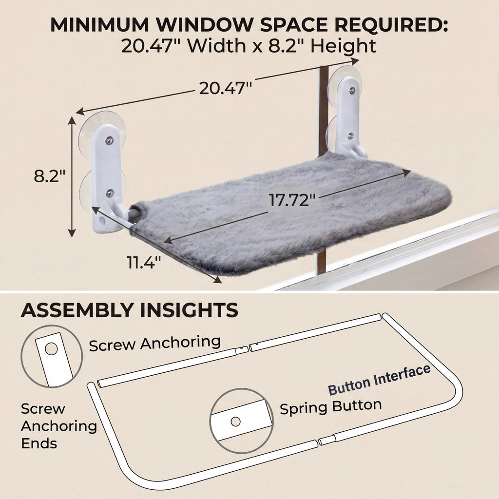 Premium Metal Frame Cat Window Hammock - Foldable, Cordless, Machine Washable Bed with Strong Suction Cups for Indoor Cats